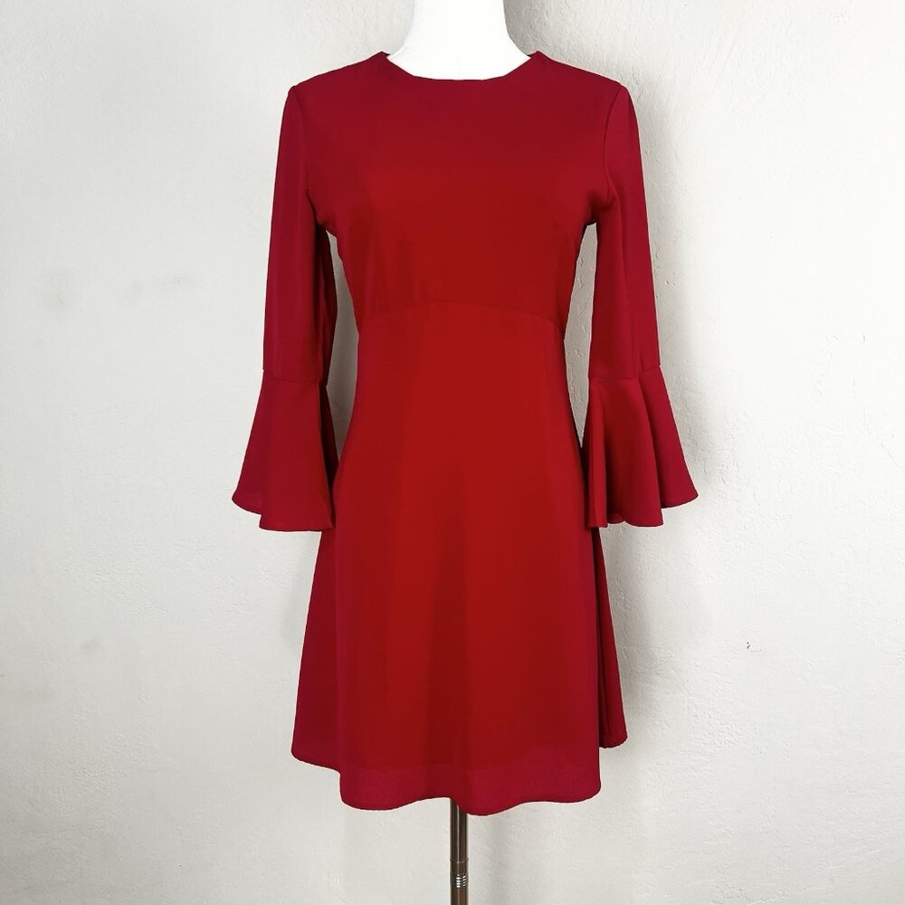 Lulus Center of Attention Red Flounce‎ Bell Sleeve Fit Flare 3/4 Sleeve Dress XS